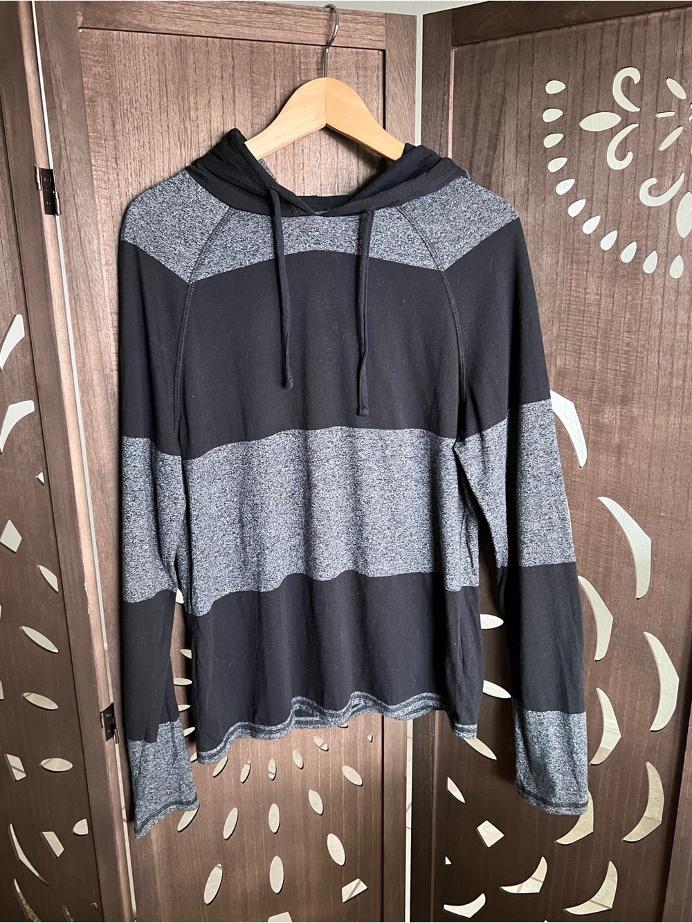 Aeropostale Black and Heather Gray Striped Hooded Pullover
